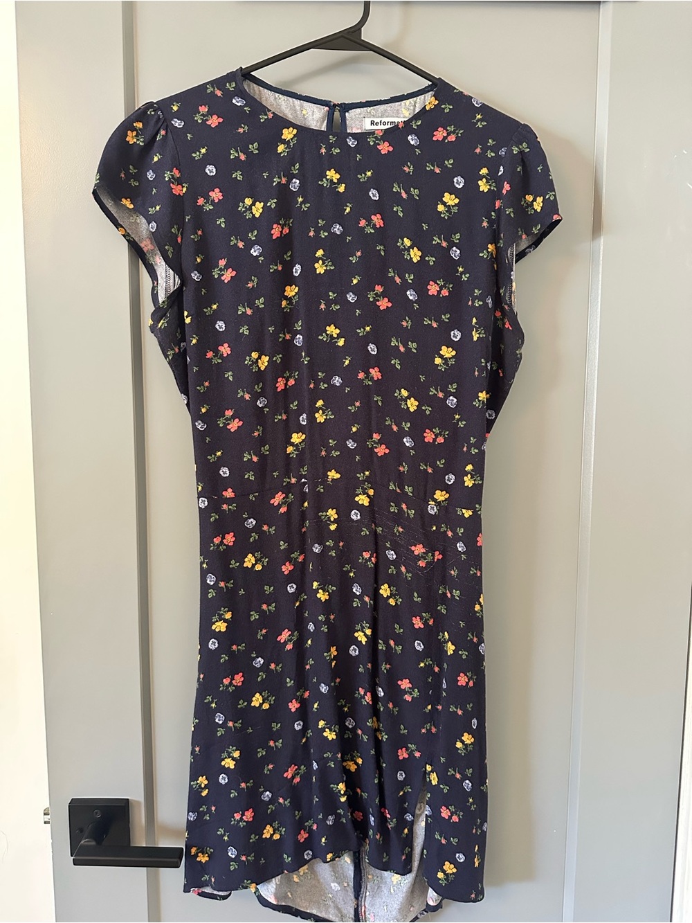 Reformation Navy Floral Dress with Yellow, Red and Lavender Flowers